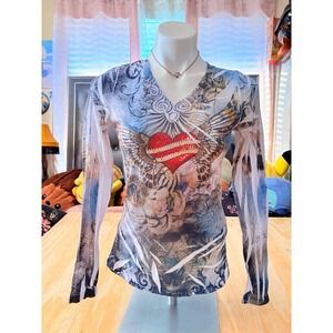 Y2K Vintage Love-T Women Blue Tattoo Print Rhinestone Long Sleeve Top L #5